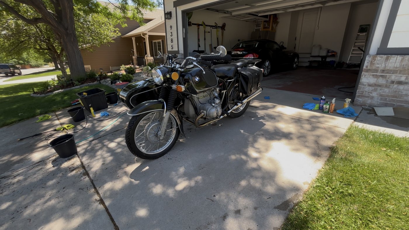 1972 BMW full side view with sidecar during wash