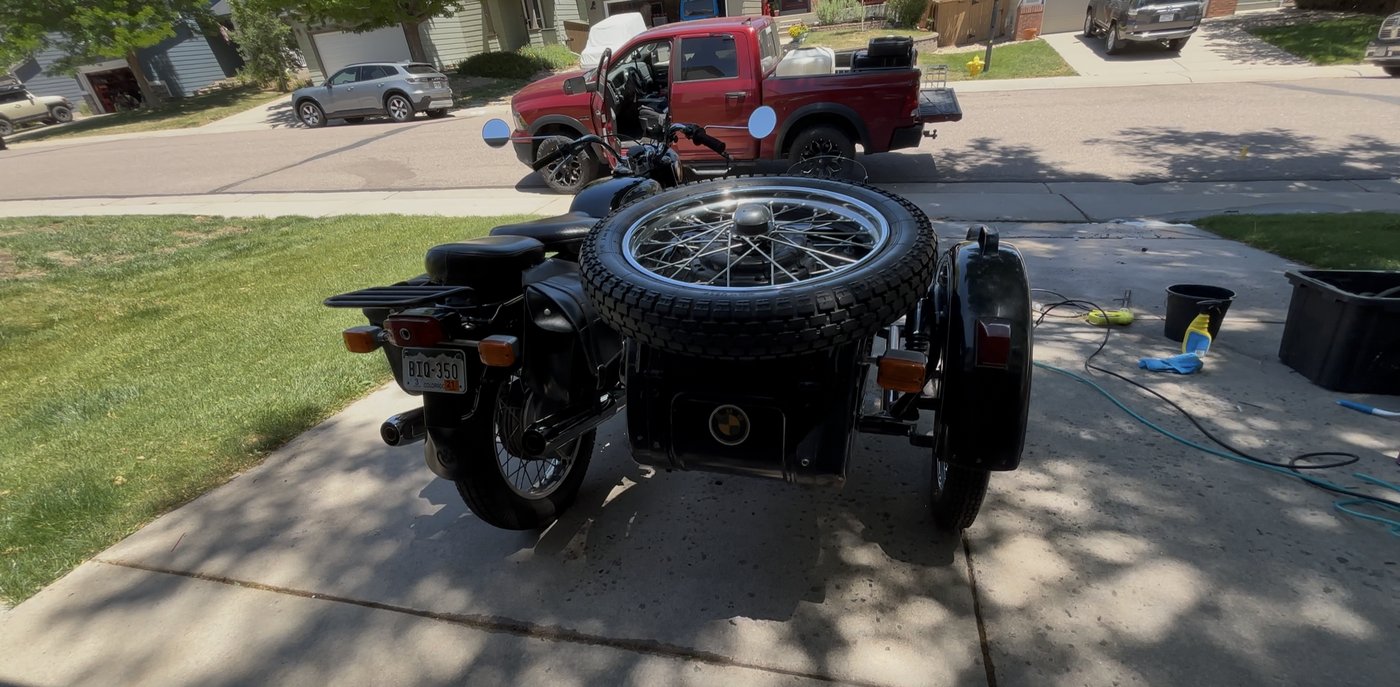 1972 BMW rear view with sidecar and spare tire