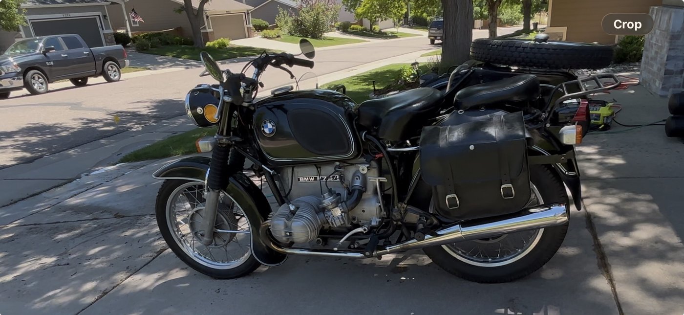 1972 BMW side view with sidecar tank and BMW badge