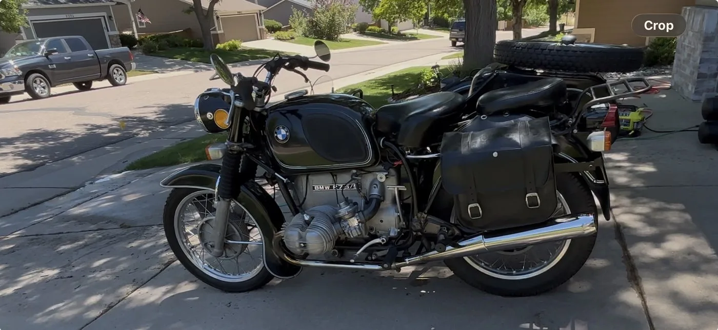 1972 BMW side view with sidecar tank and BMW badge