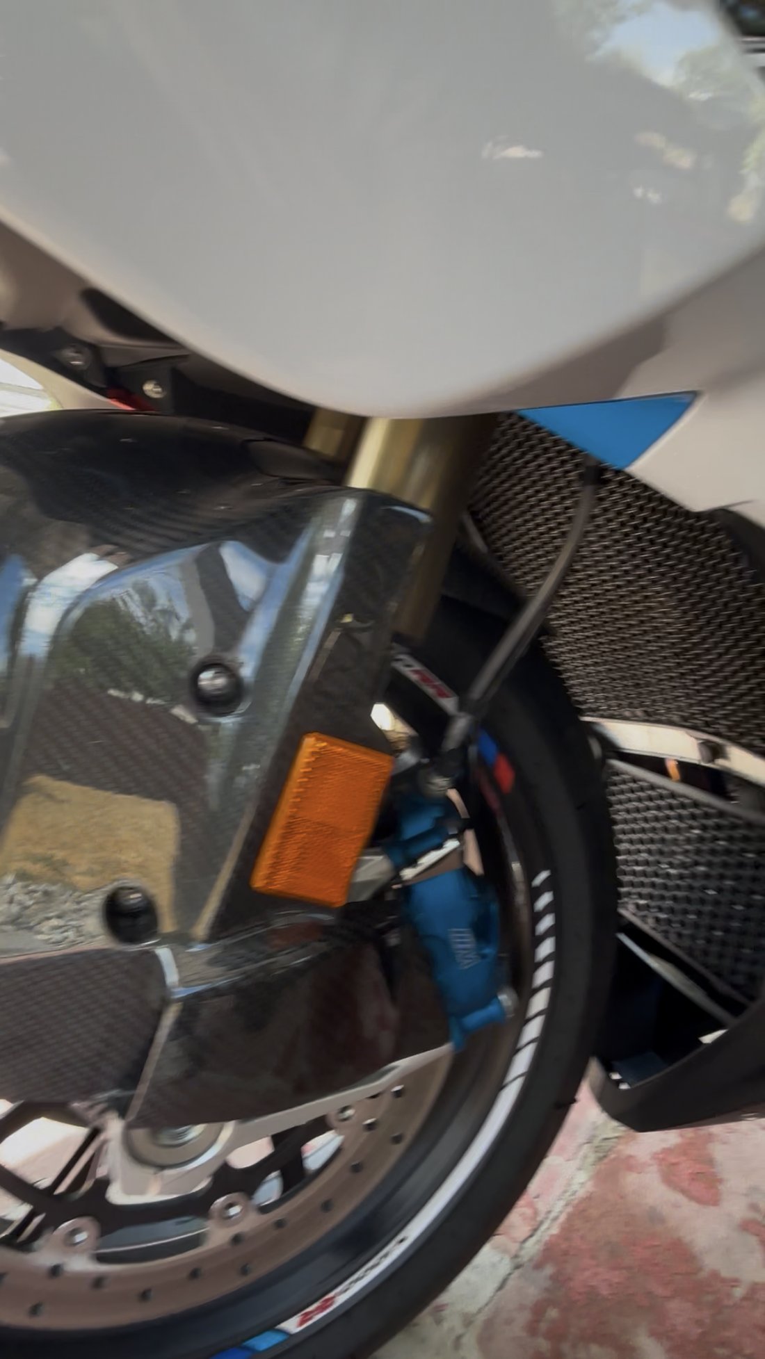 BMW S1000RR front brake caliper and carbon fender