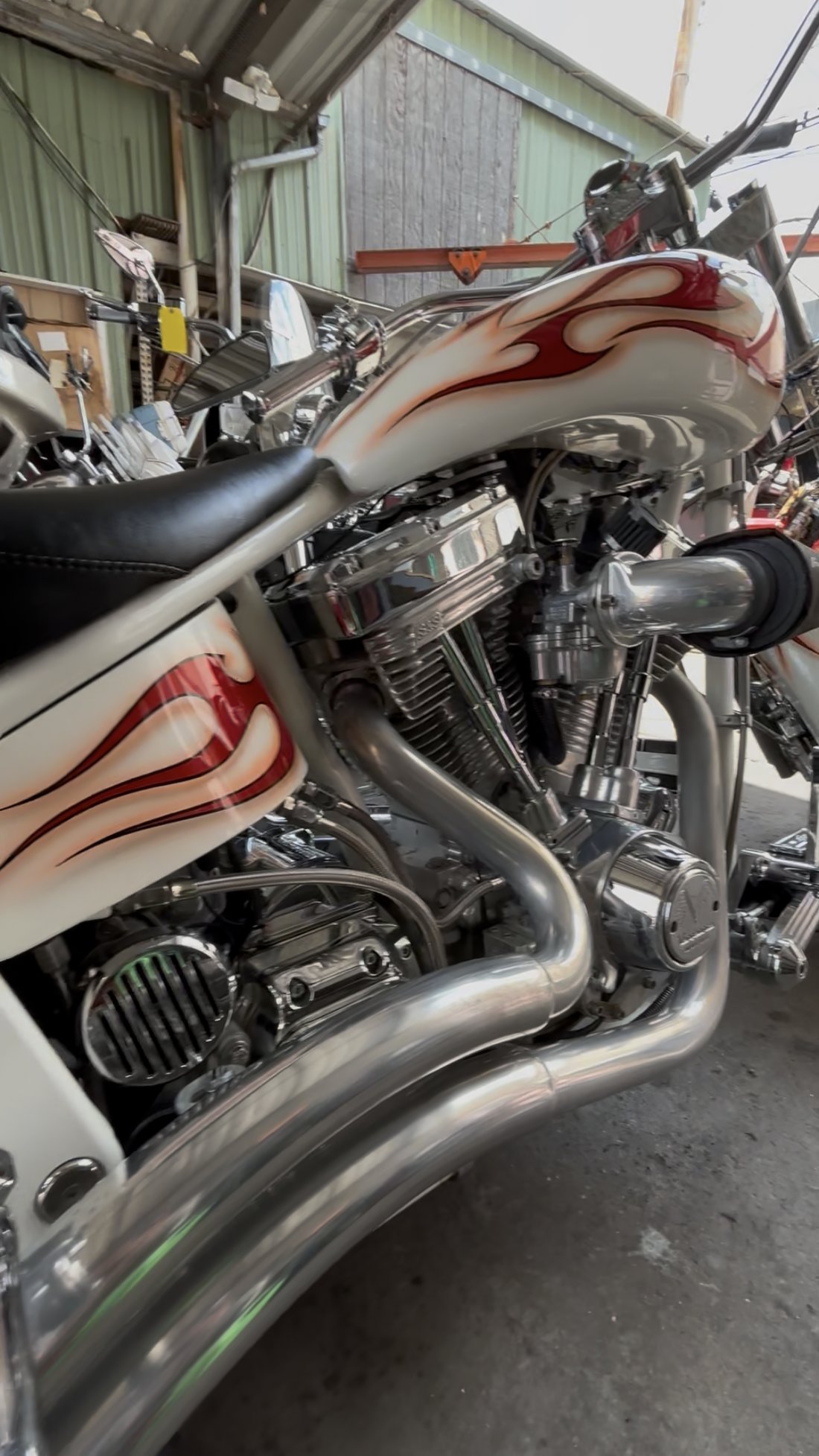 Custom Harley flame tank and S&S engine close-up