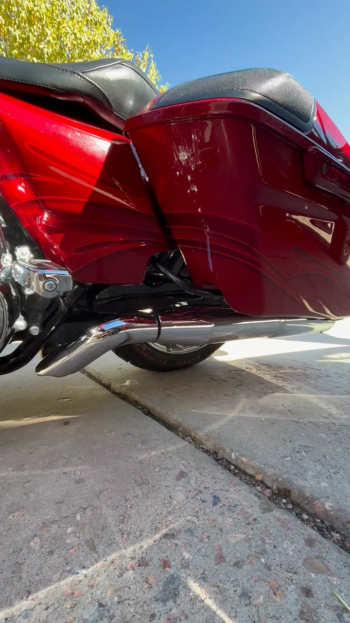 Red bagger saddlebag after a full motorcycle detail